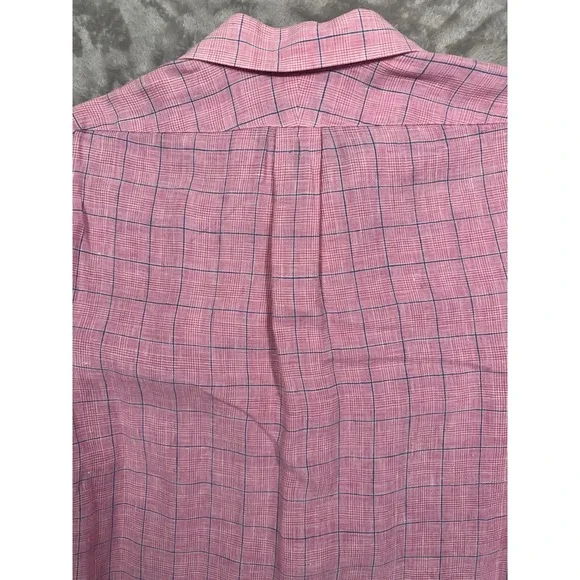 Lands End Baird McNutt Shirt Mens 15 1/2 33 Pink Irish Linen WindowPane Plaid - Picture 9 of 15